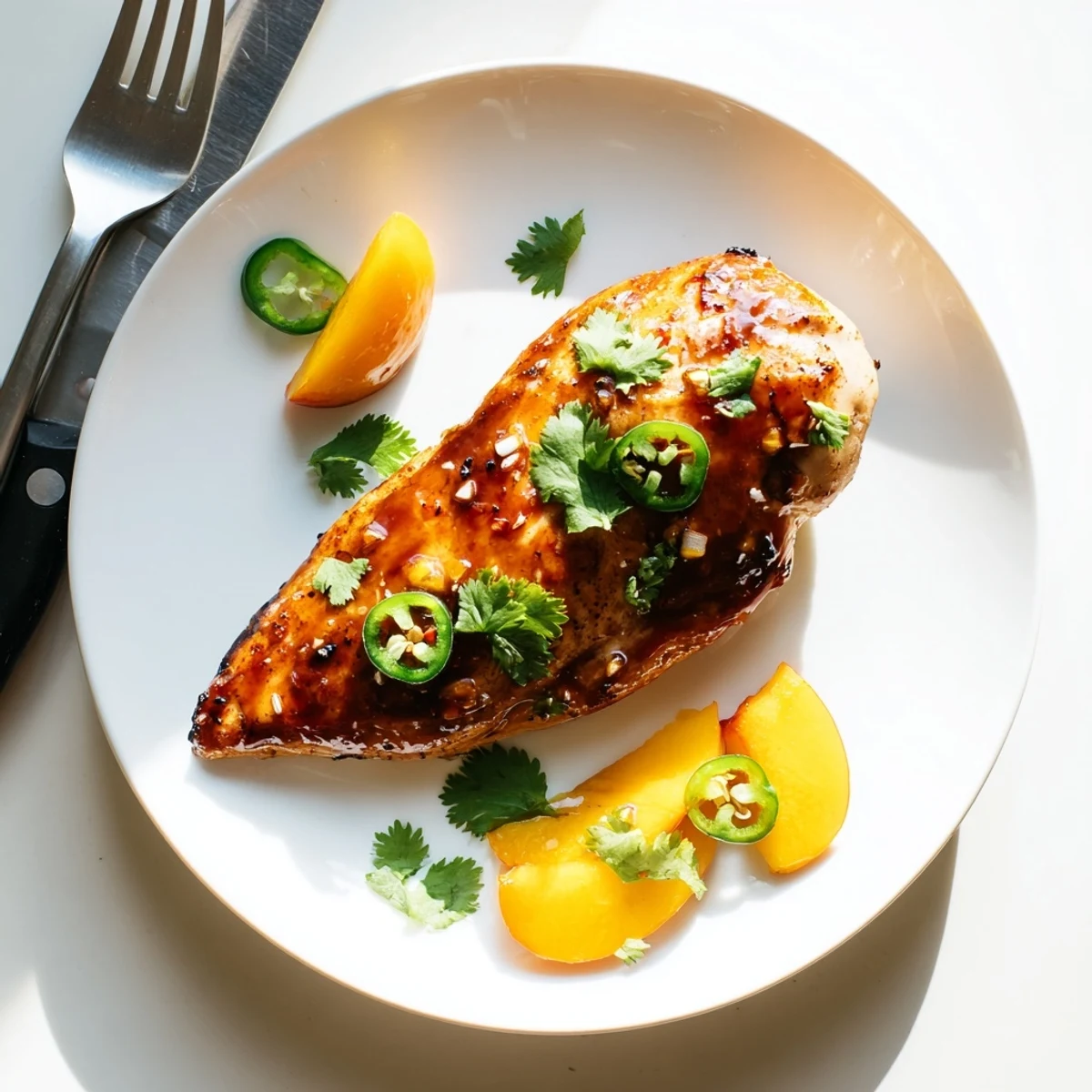 Close-up of succulent jalapeño peach glazed chicken, highlighting the sticky, spicy-sweet sauce brushed over the perfectly cooked meat.