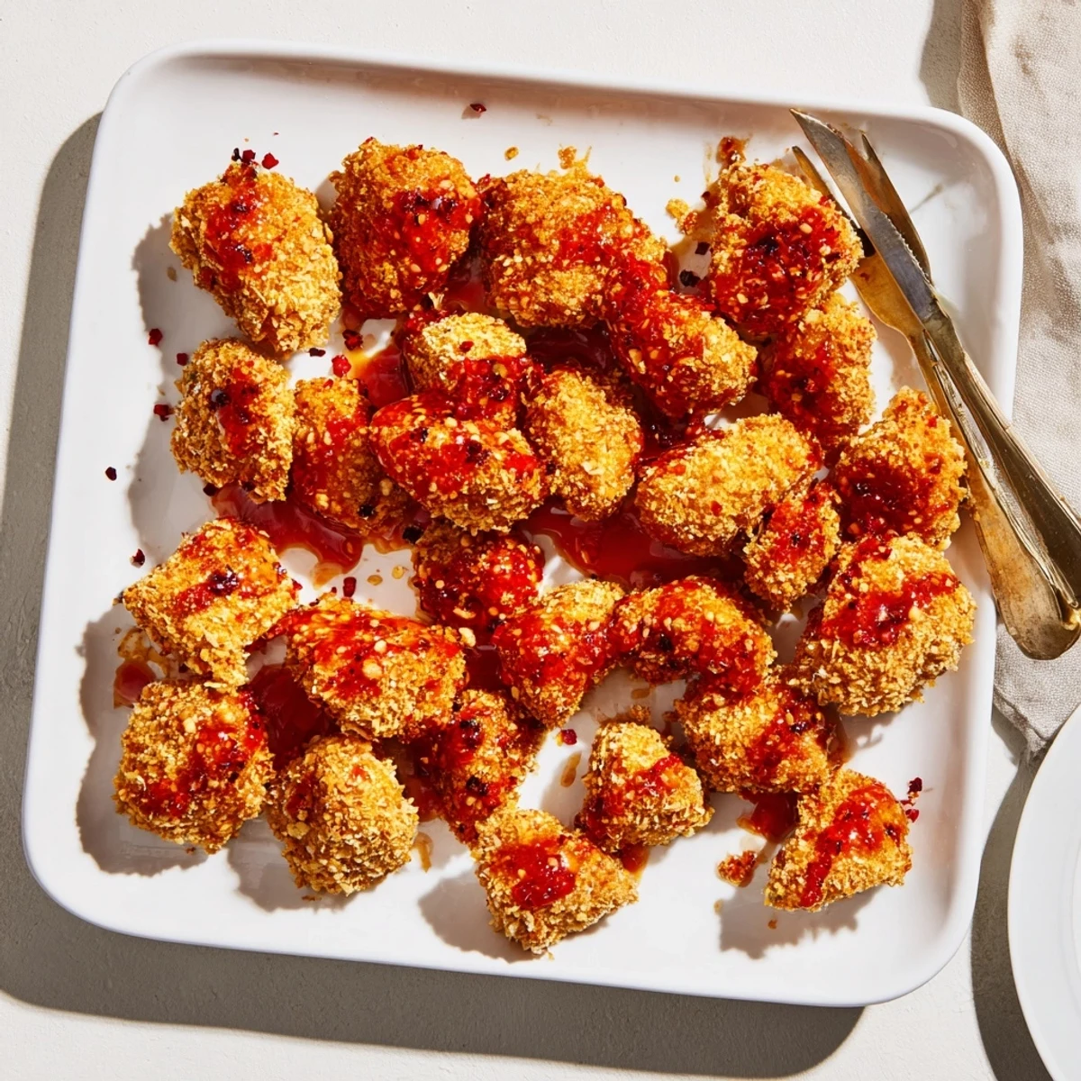 Sizzling Baked Crunchy Hot Honey Chicken fresh from the oven, featuring a crispy, golden crust and vibrant hot honey.