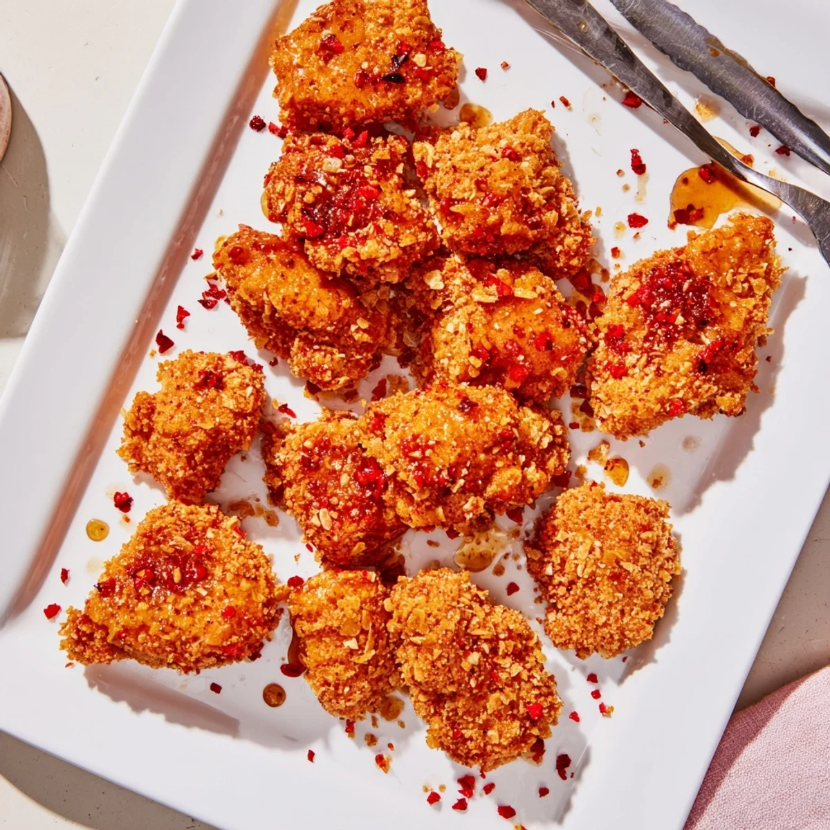 Golden-baked crunchy hot honey chicken breasts with a spicy-sweet drizzle, served alongside crisp coleslaw on a rustic plate.