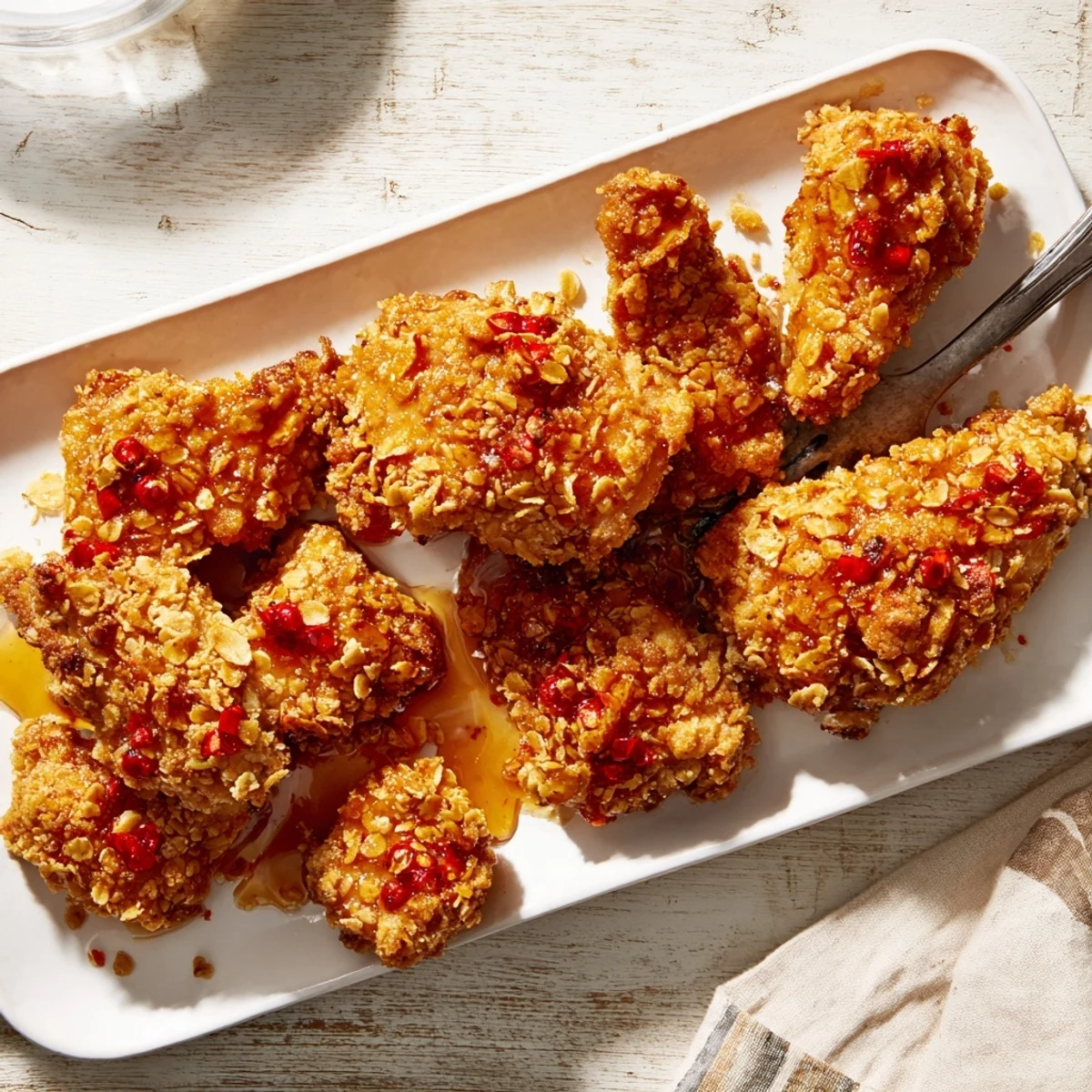 Juicy Baked Crunchy Hot Honey Chicken pieces with a crunchy coating, garnished with pickles and a honey drizzle on a plate.