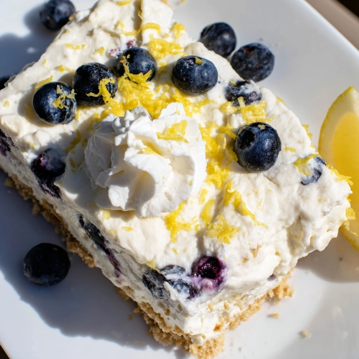 Fresh slices of No Bake Lemon Blueberry Cream Cake reveal creamy filling and plump blueberries on a summer dessert table.