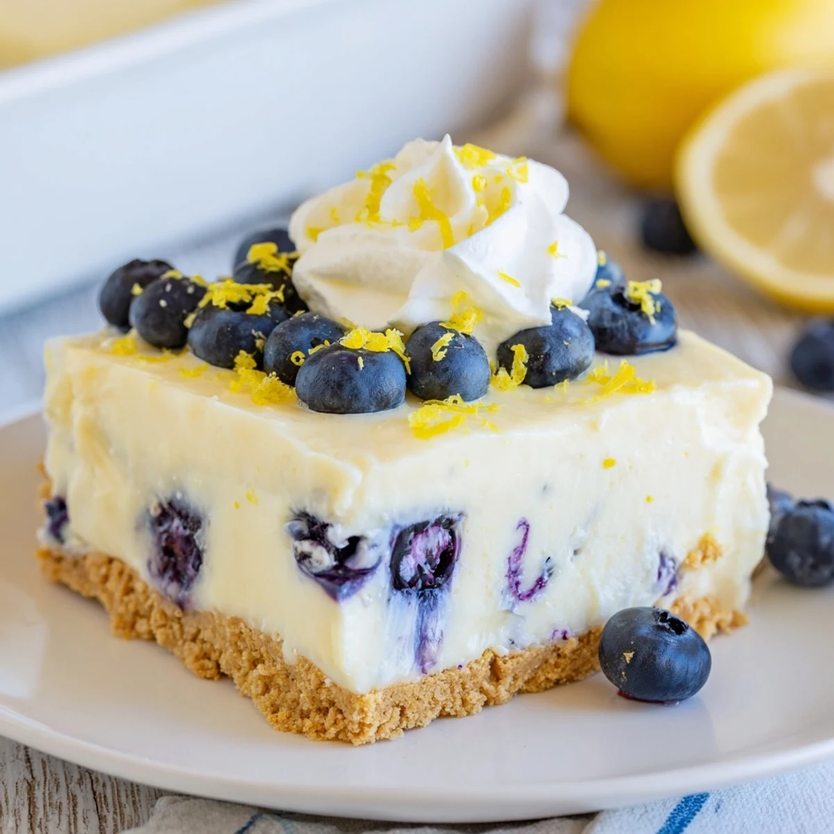 Topped with lemon zest and fresh berries, No Bake Lemon Blueberry Cream Cake glistens on a chilled serving plate.