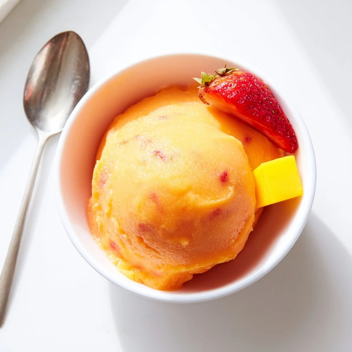 Scoops of Mango Strawberry Sorbet in a glass bowl, dotted with fresh mint and ripe fruit pieces.