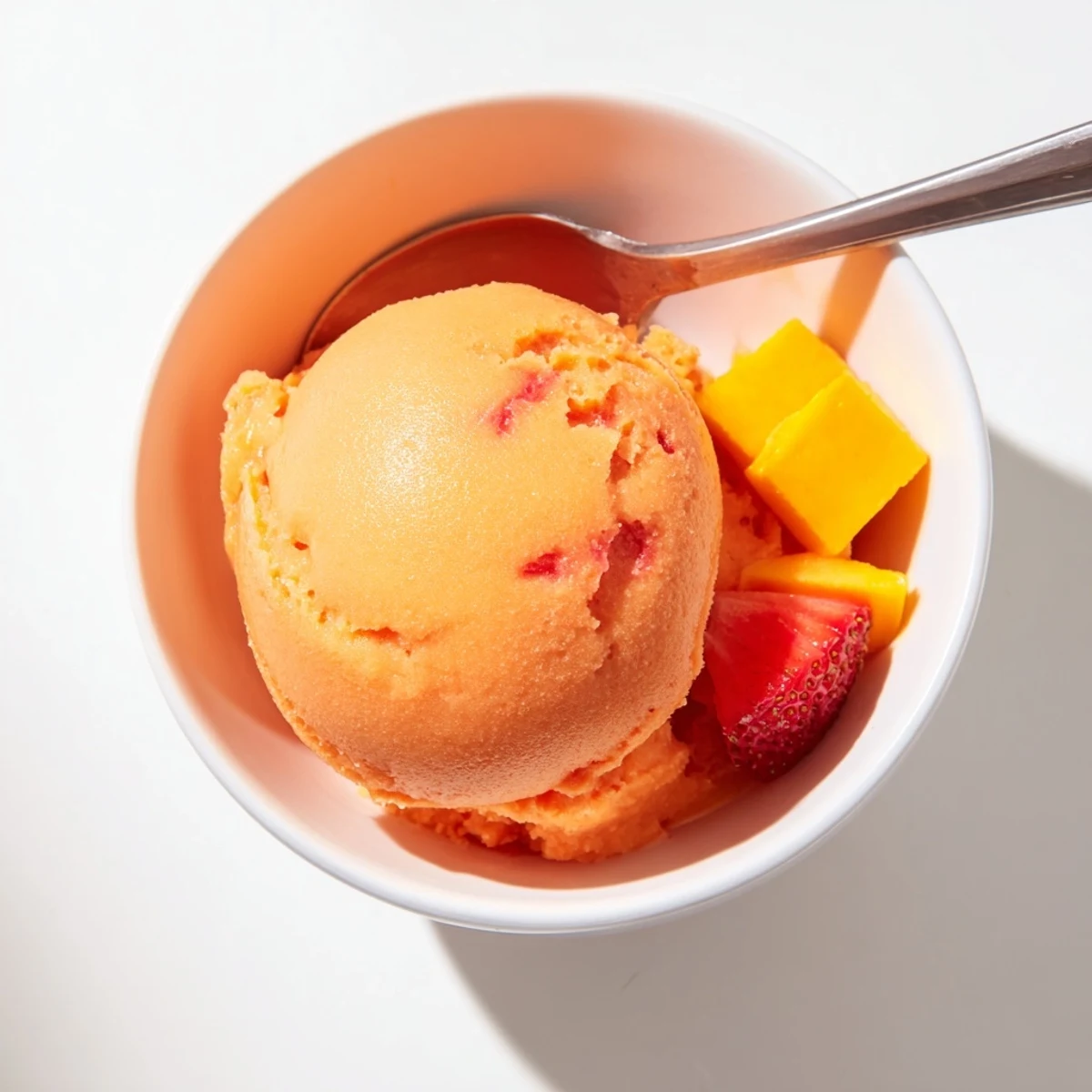 Mango Strawberry Sorbet served in a chilled glass, garnished with sliced strawberries and a lime wedge.