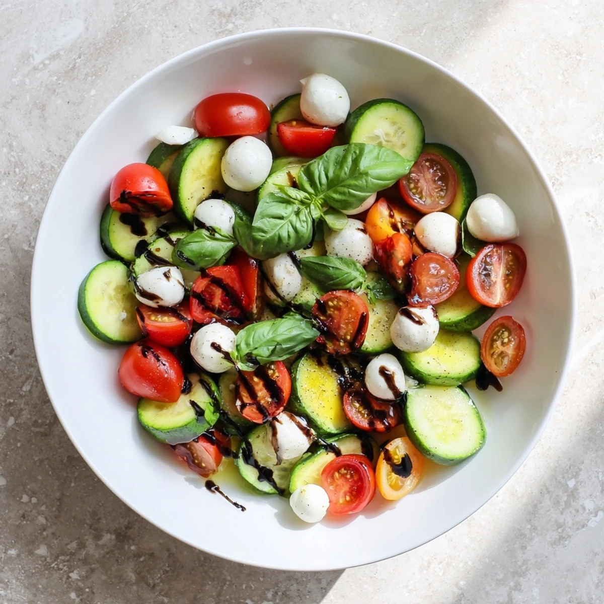 Juicy Cucumber Caprese Salad in a white bowl with ripe cherry tomatoes and fresh mozzarella.