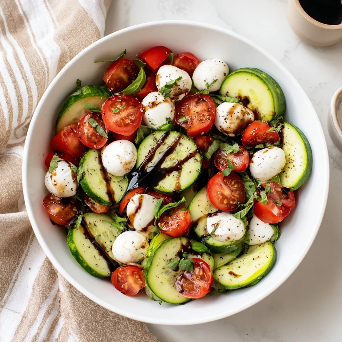 Juicy Cucumber Caprese Salad tossed with torn basil leaves and a tangy balsamic glaze drizzle.