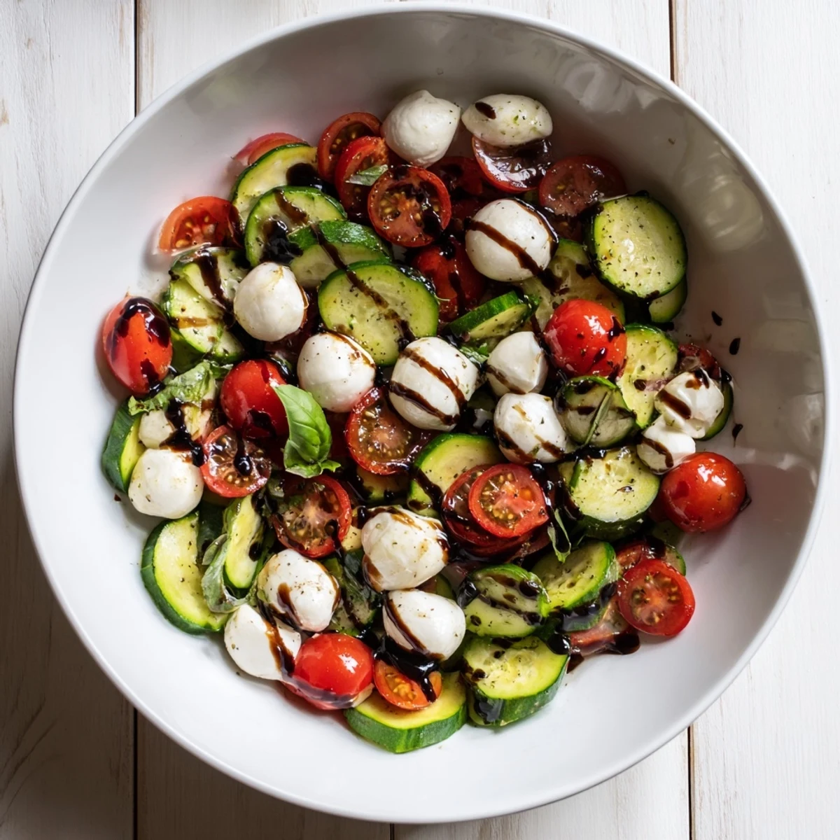 Serving Juicy Cucumber Caprese Salad chilled with extra basil, a perfect gluten-free vegetarian side.