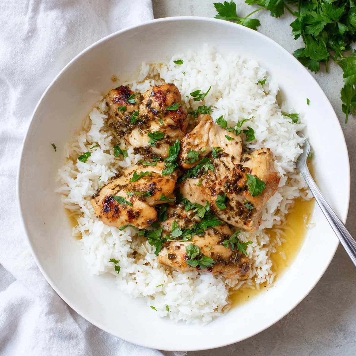 Juicy Slow Cooker Lemon Herb Chicken with fluffy rice, garnished with fresh parsley and lemon slices.