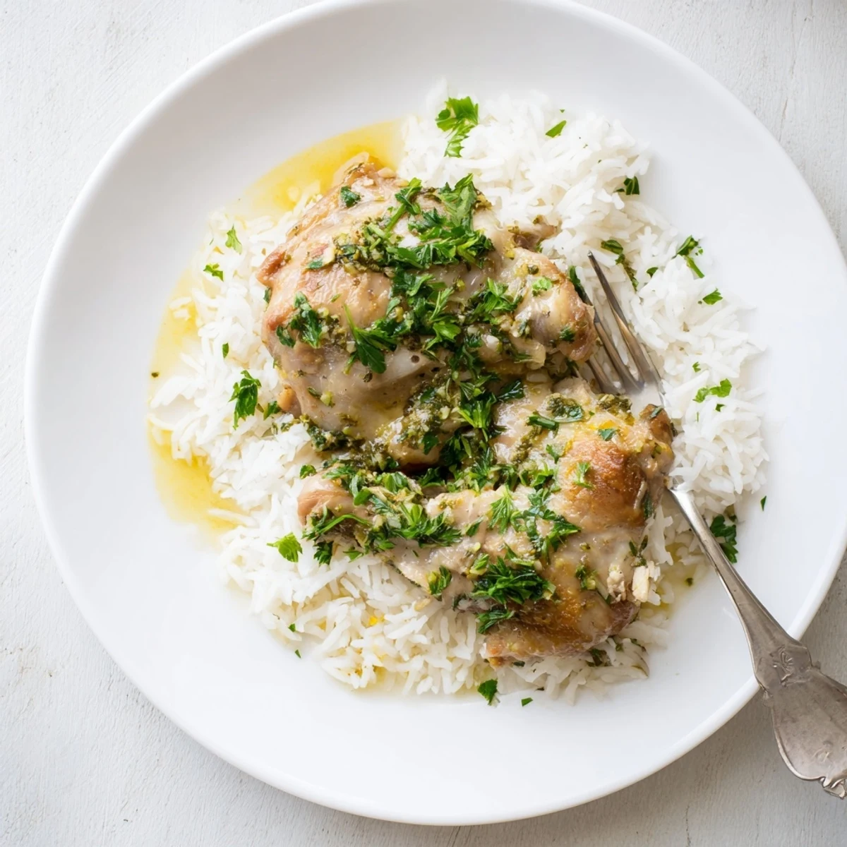 A spoon pours savory juices from the Slow Cooker Lemon Herb Chicken over a bed of fluffy rice.