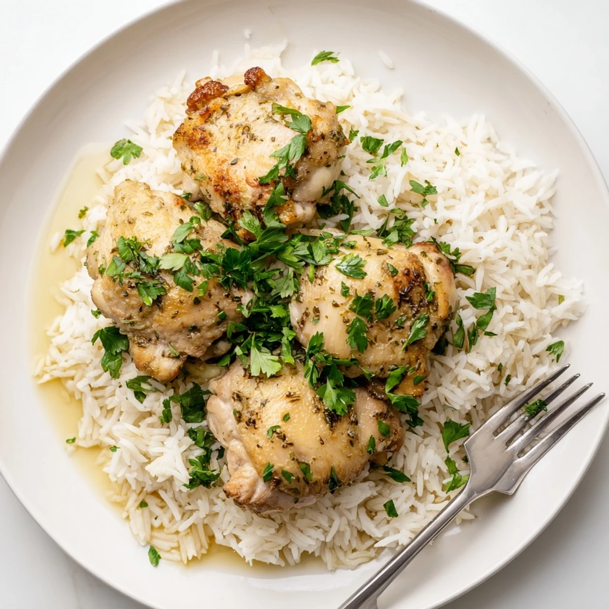 Tender Slow Cooker Lemon Herb Chicken thighs served over fluffy rice, perfect for an easy weeknight dinner.