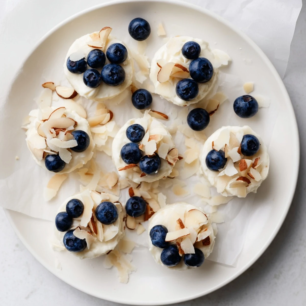 Twelve round yogurt bites topped with blueberries and shredded coconut, a perfect healthy frozen snack.