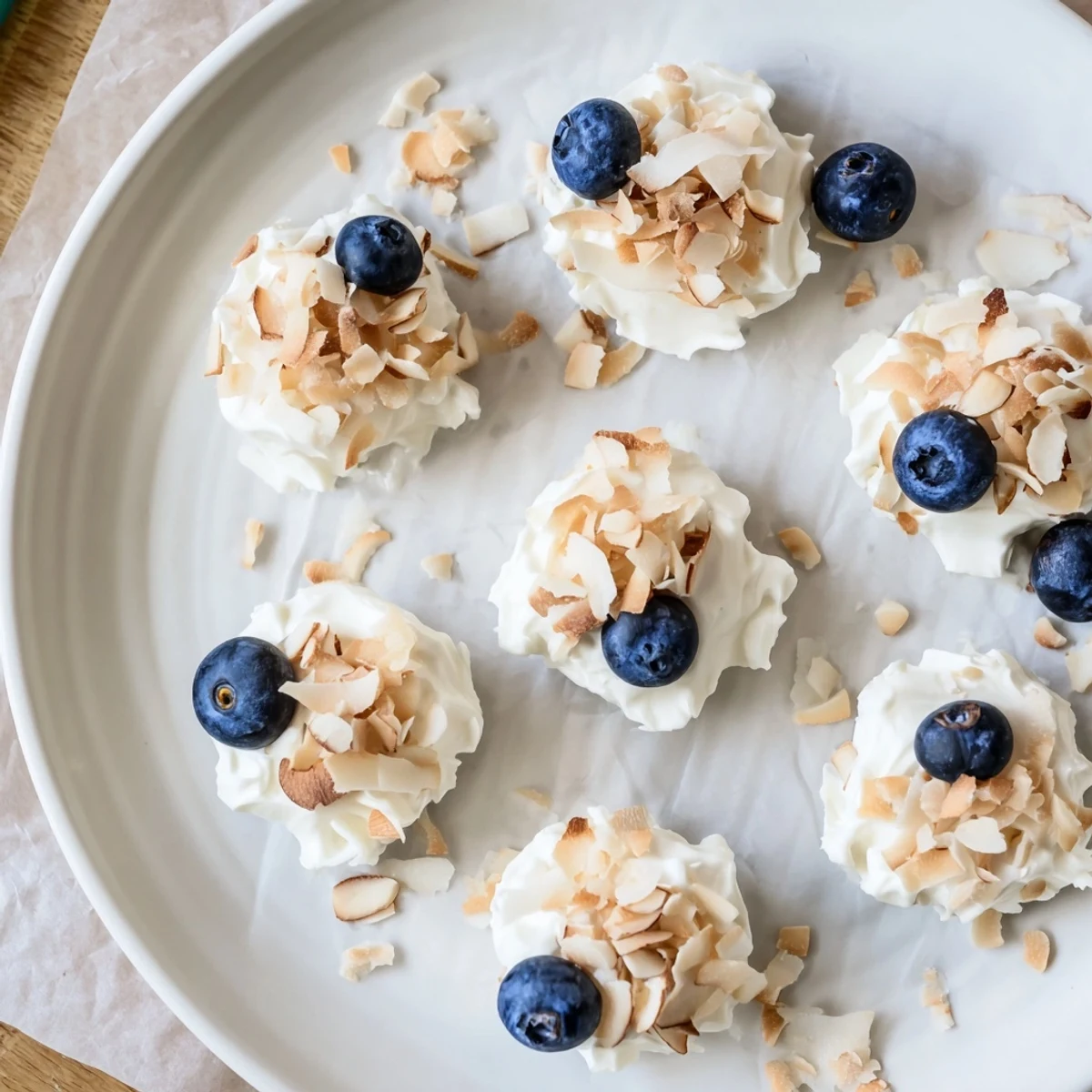 Homemade Blueberry Greek Yogurt Bites lined on parchment, ready to eat after just two hours freezing.