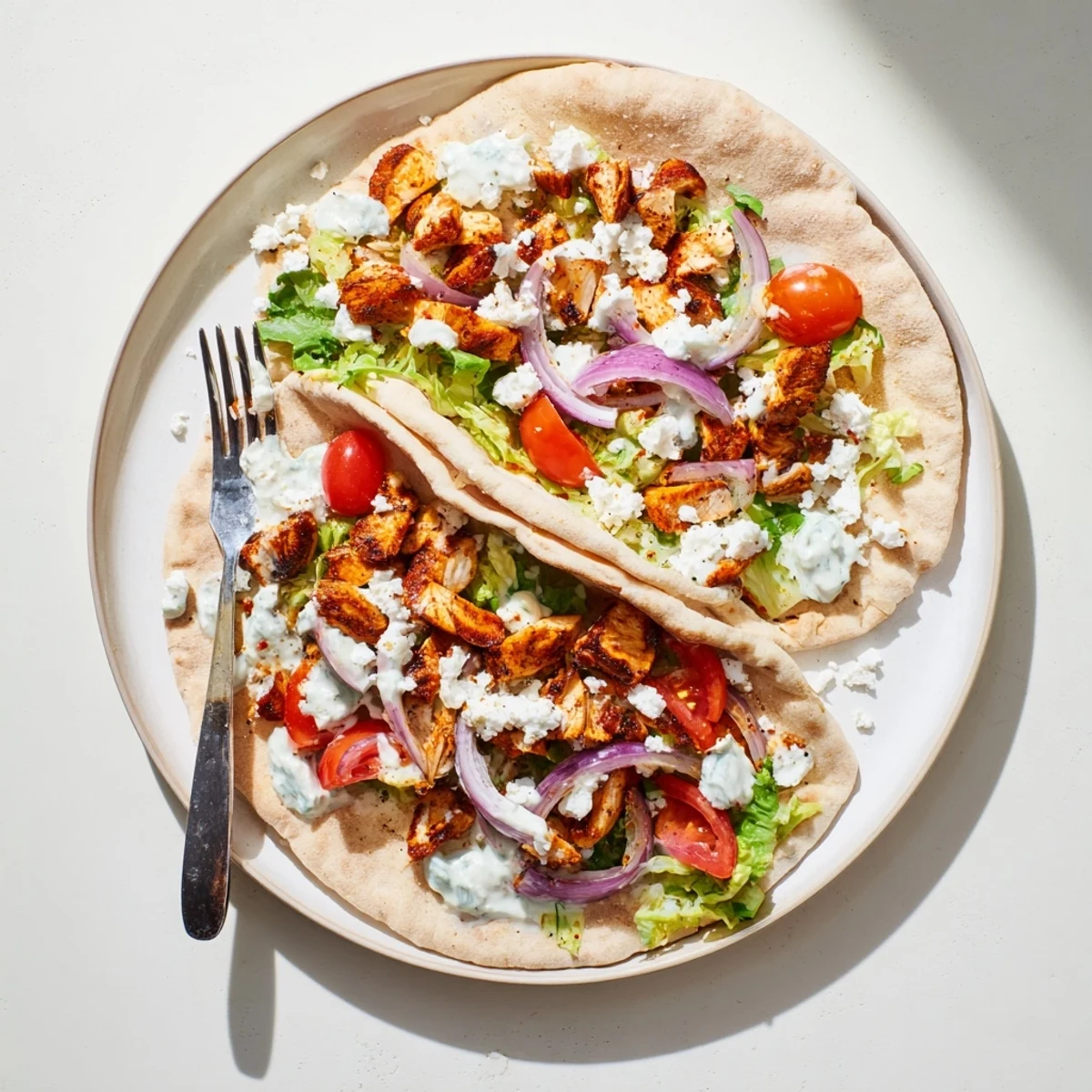 Golden-brown roasted chicken thighs and colorful bell peppers on a sheet pan for Sheet Pan Chicken Pitas with Herby Ranch.