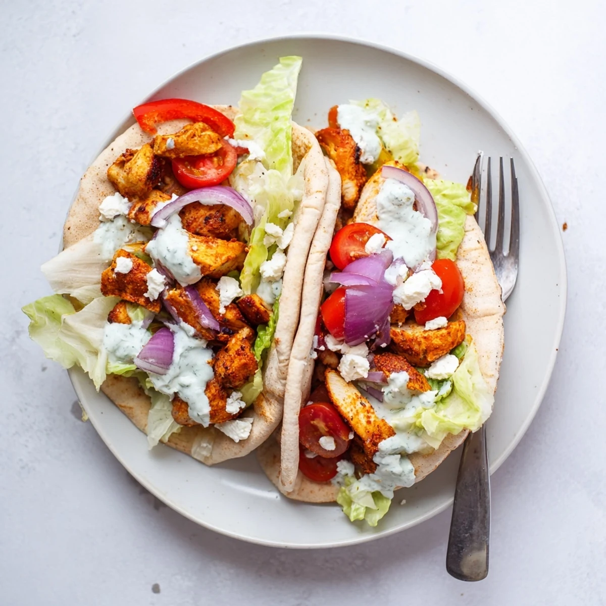 Sliced warm pitas stuffed with roasted chicken and vegetables, drizzled with creamy herby ranch sauce on a plate.