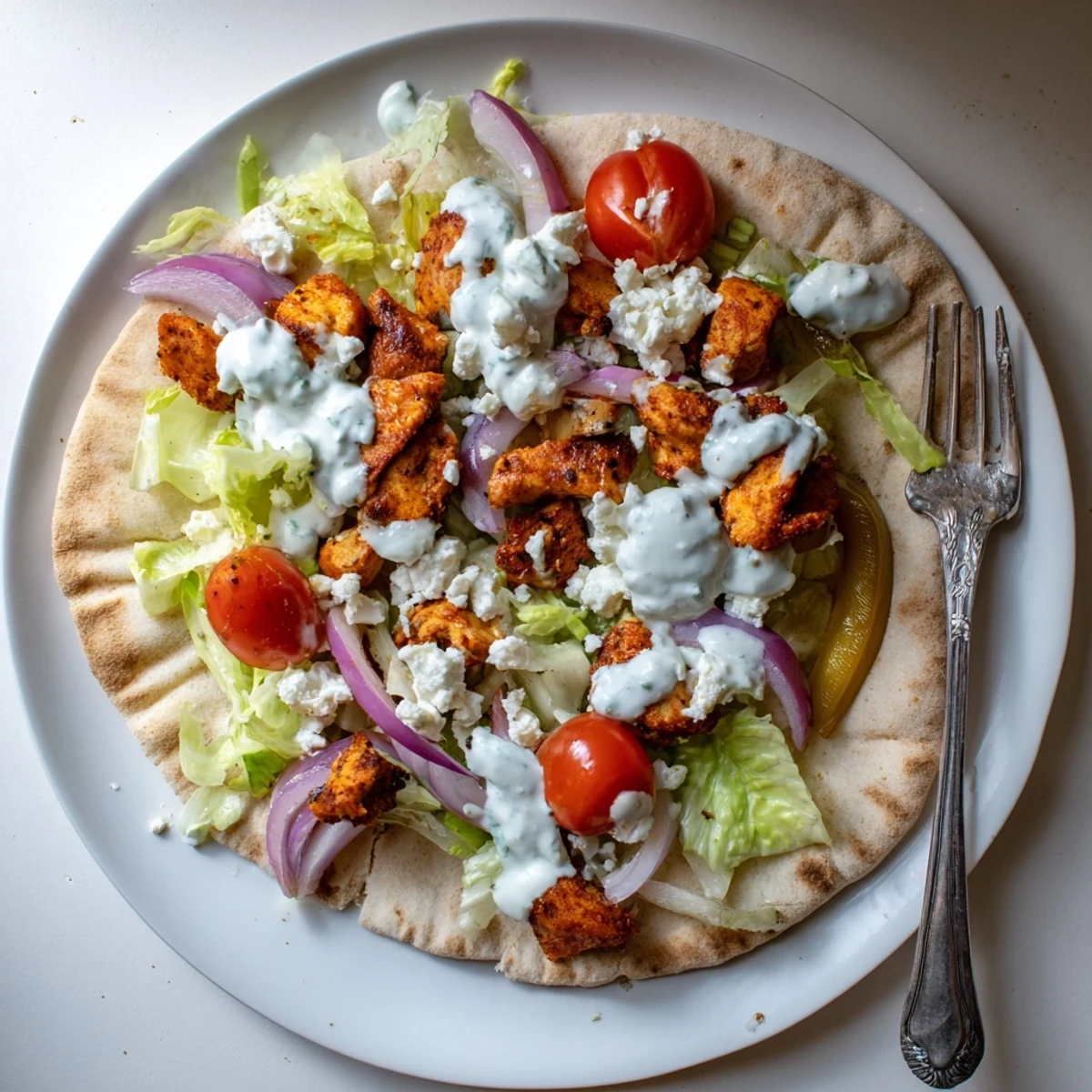 Assembled Sheet Pan Chicken Pitas with Herby Ranch, lettuce, and feta, served on a plate ready to eat.