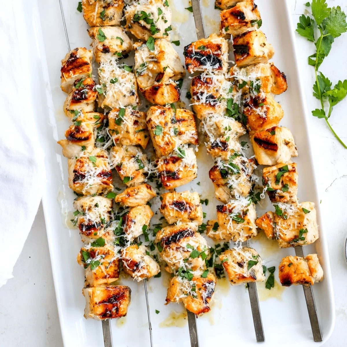 Grilled Ranch Garlic Parmesan Chicken Skewers on a rustic board, garnished with fresh parsley and extra grated cheese.