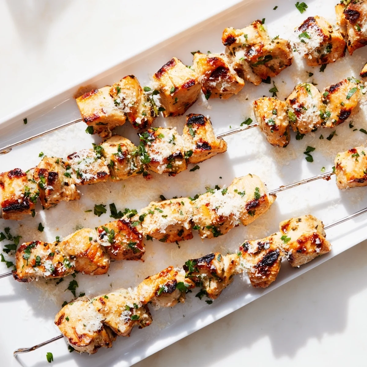 Tender Ranch Garlic Parmesan Chicken Skewers served over rice with grilled vegetables and lemon wedges on the side.