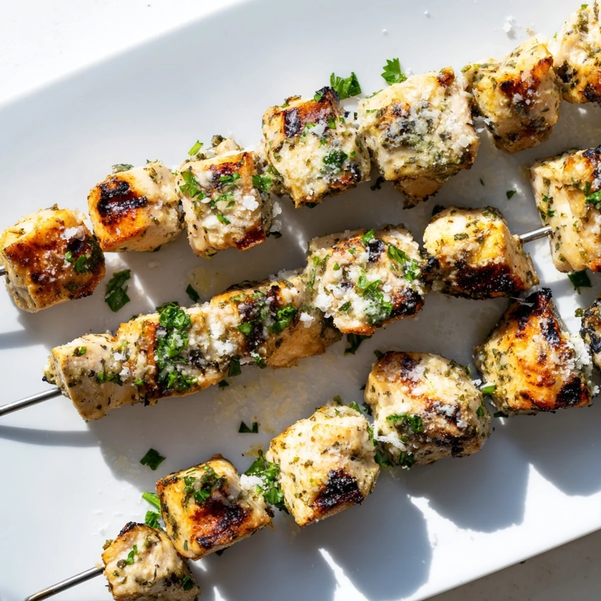 Sizzling Ranch Garlic Parmesan Chicken Skewers fresh off the grill with char marks and a creamy dipping sauce.