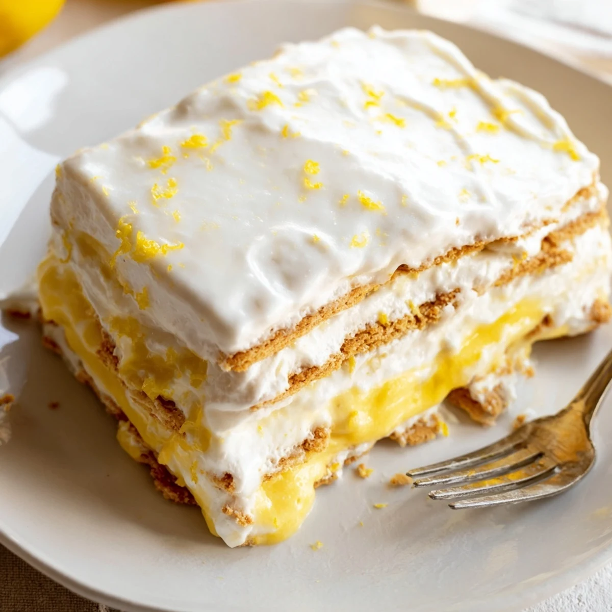 No Bake Lemon Eclair Cake showcases golden graham crackers layered with creamy lemon pudding, crowned with a zesty glaze.