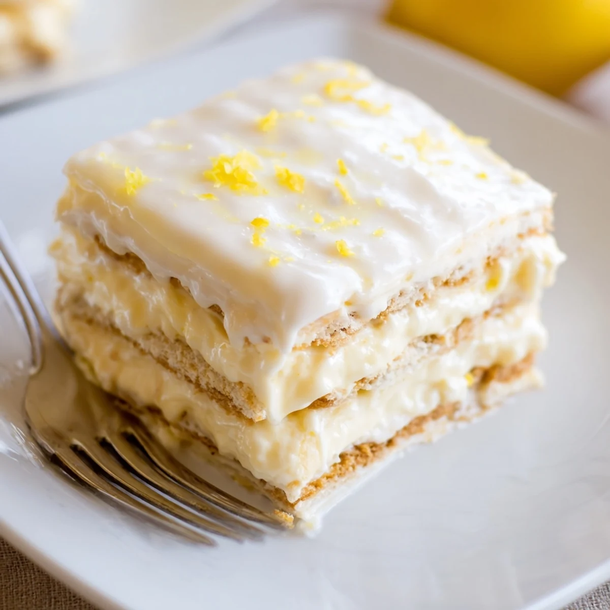 Chilled No Bake Lemon Eclair Cake slices reveal soft crackers and velvety lemon cream, perfect for summer dessert buffets.