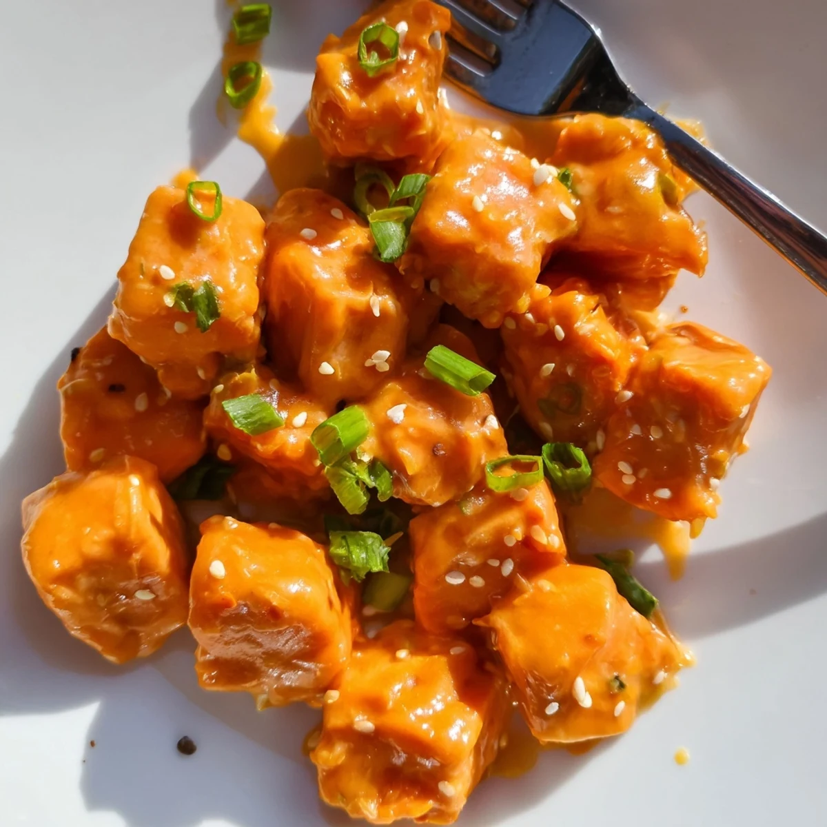Golden crispy Bang Bang Salmon Bites rest on a platter, drizzled with creamy spicy sauce and fresh chives. 