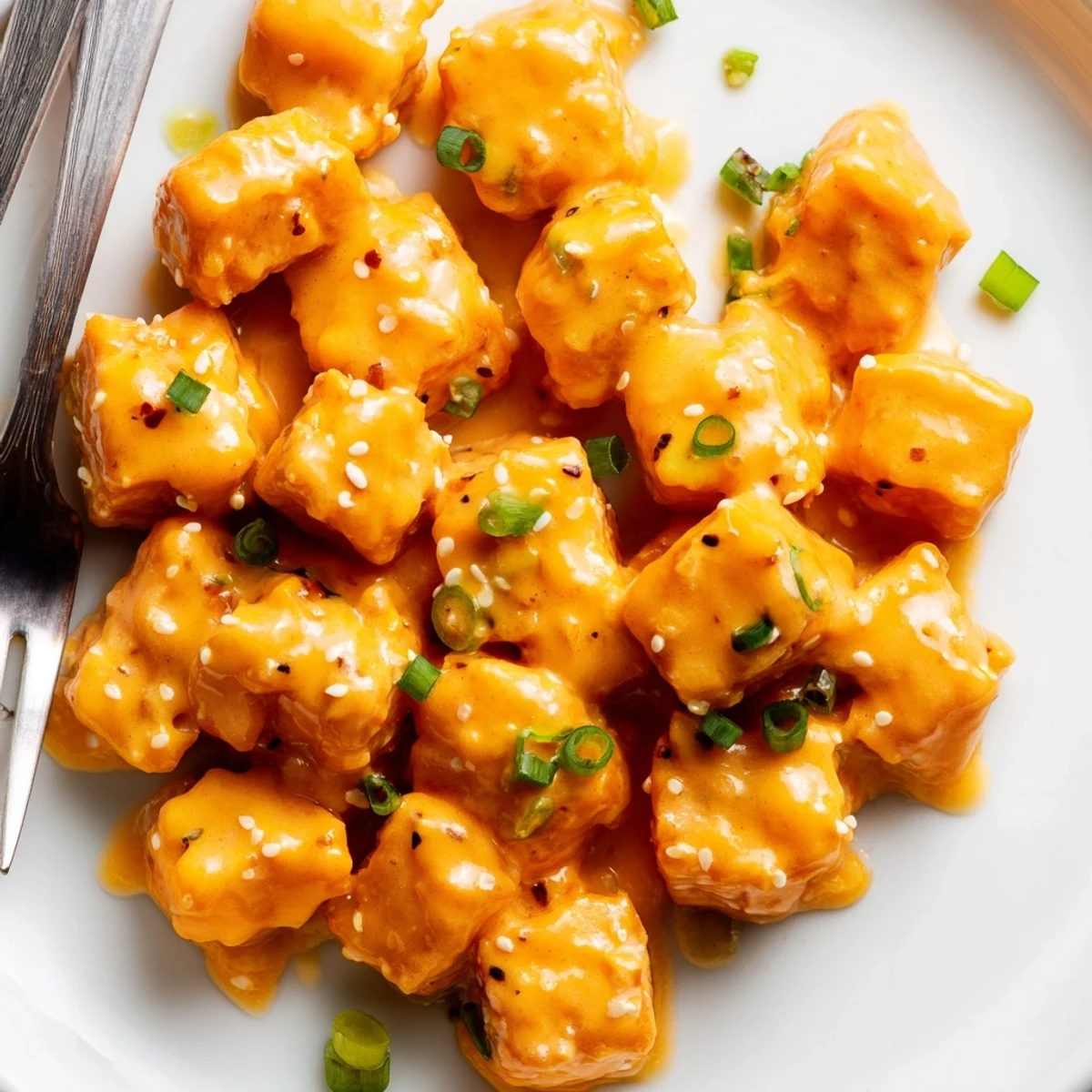 Close-up of tender Bang Bang Salmon Bites showcasing flaky fish texture and a vibrant orange sauce glaze. 