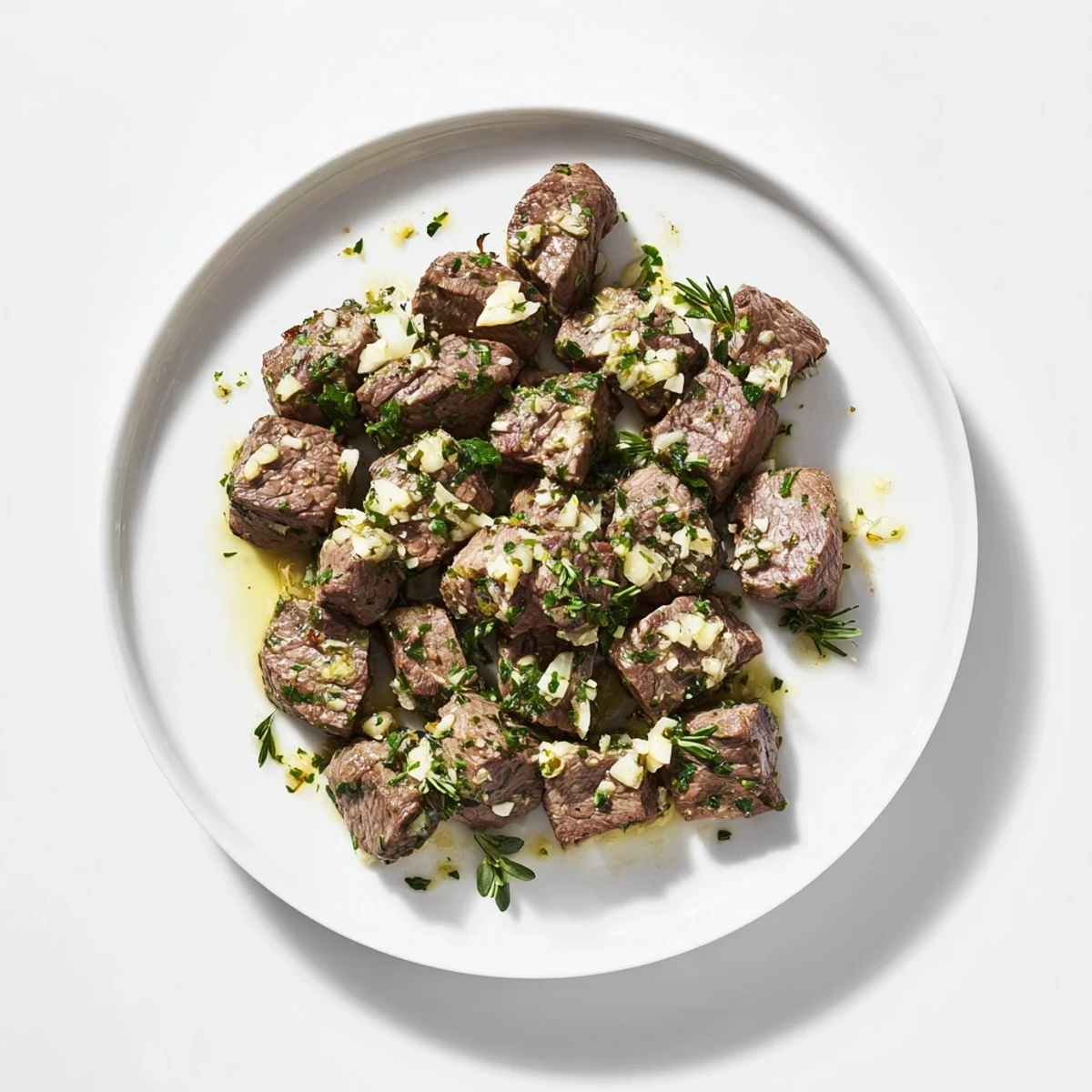Tender steak cubes sizzling in rich garlic butter sauce with herb garnish on top