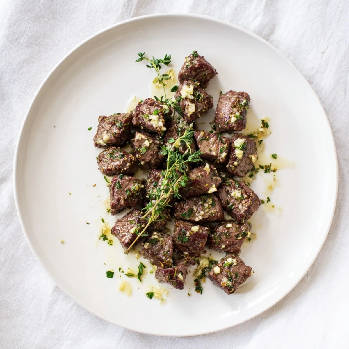 Perfectly browned steak bites coated in savory garlic butter served on a white plate