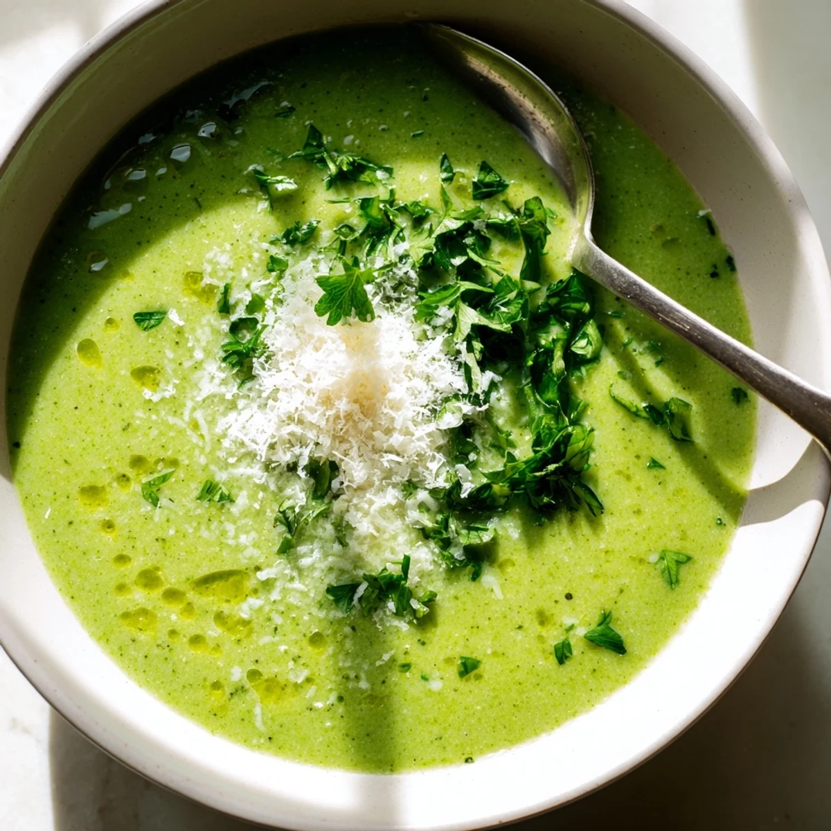 Steaming bowl of homemade Italian broccoli soup featuring vibrant green puree with Parmesan cheese and parsley garnish