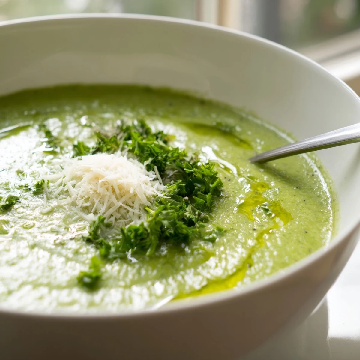 Velvety smooth homemade Italian broccoli soup served hot with crusty bread and olive oil drizzle on top