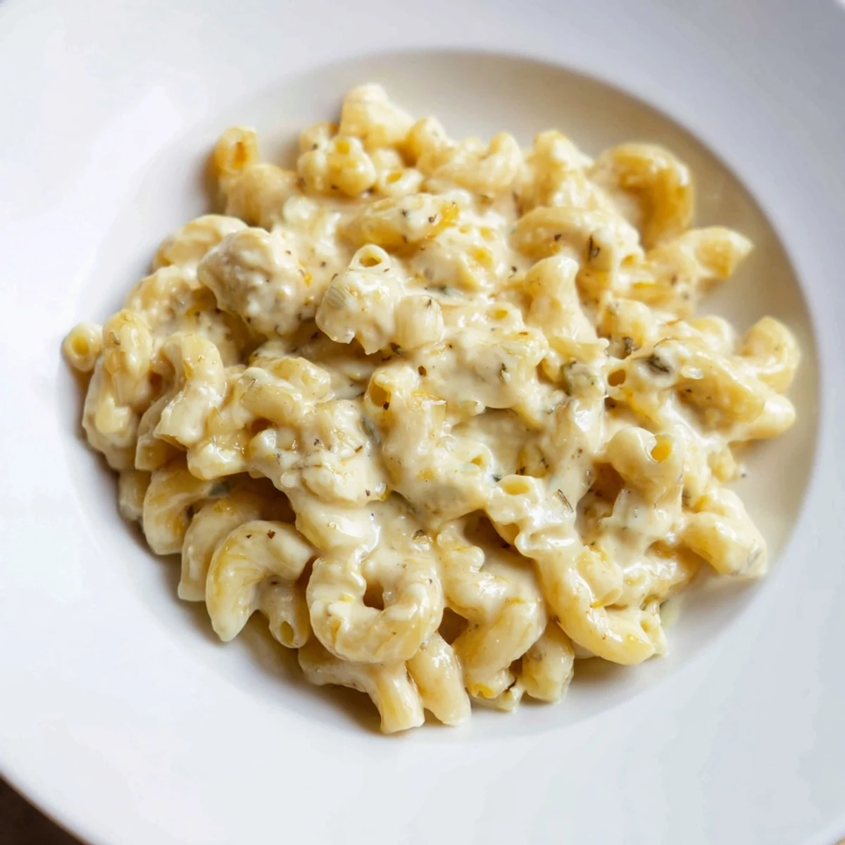 Rich and velvety Boursin mac and cheese served hot in a white ceramic bowl
