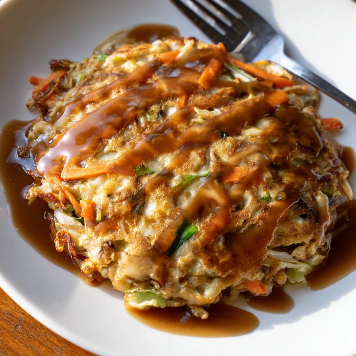 Fluffy vegetable-packed Egg Foo Young omelets fried until golden and drizzled with savory sauce