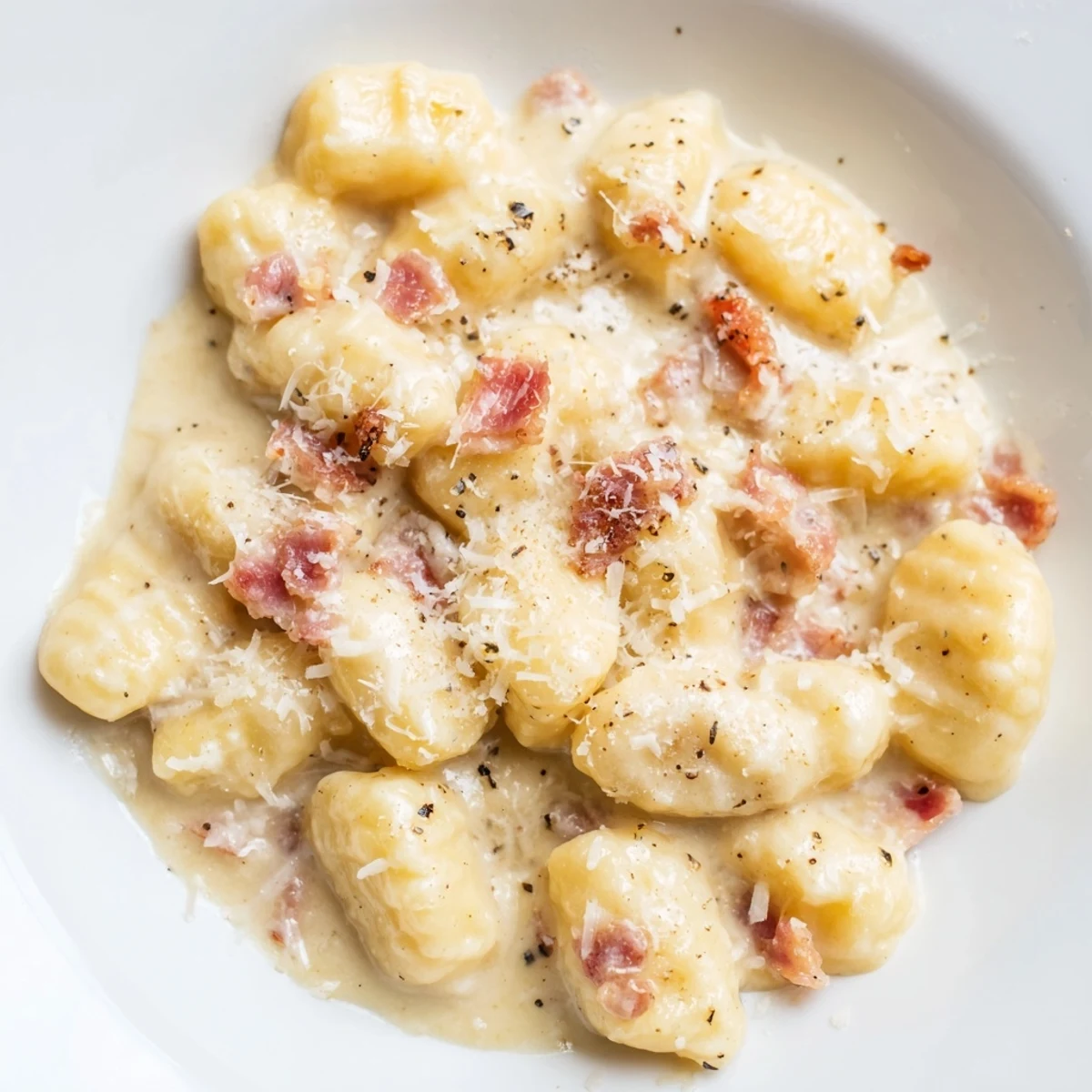 Plate of gnocchi carbonara with bacon and parmesan featuring a glossy cream sauce