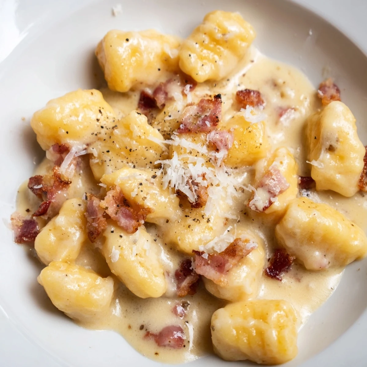 Steaming bowl of gnocchi carbonara with bacon and parmesan ready for serving