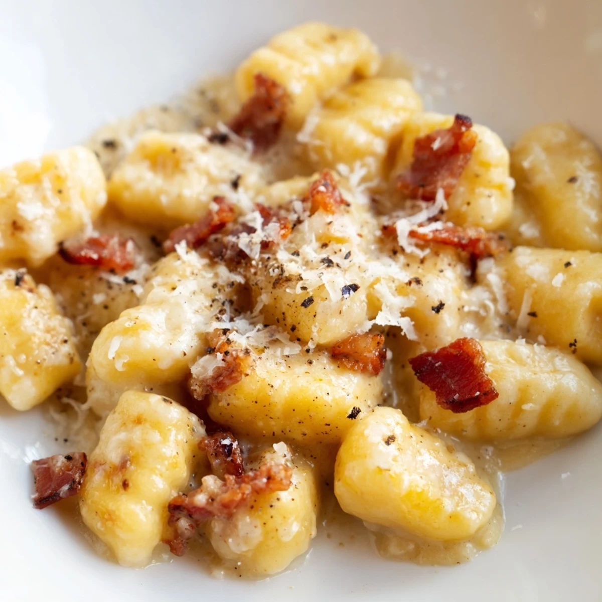 Crispy bacon bits and parmesan garnish coating tender gnocchi carbonara on white ceramic