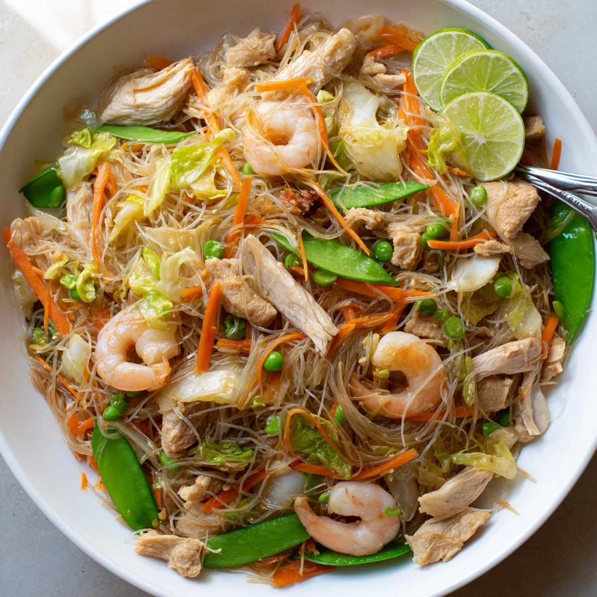 Sizzling wok with savory pancit bihon noodles tossed with chicken, shrimp, and crisp vegetables