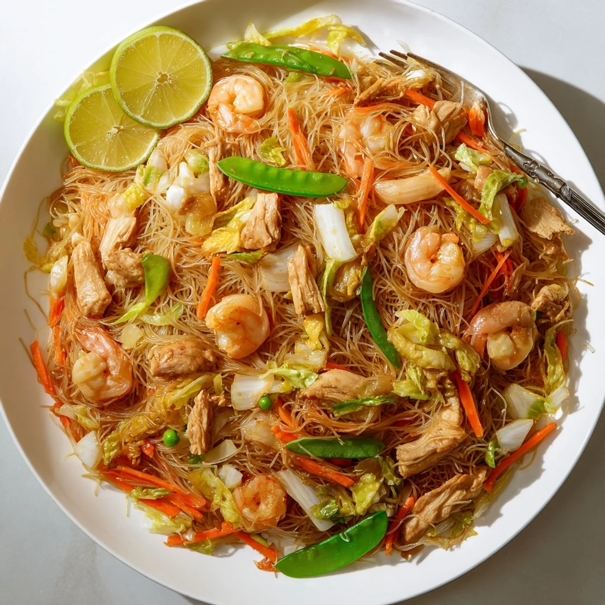 Platter of steaming traditional pancit bihon featuring tender rice noodles in soy-based sauce