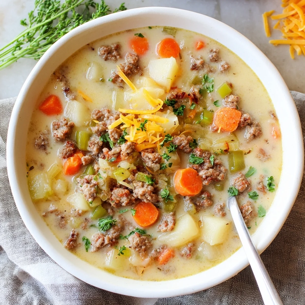 Creamy pork sausage potato soup bowl topped with fresh parsley and grated cheddar cheese