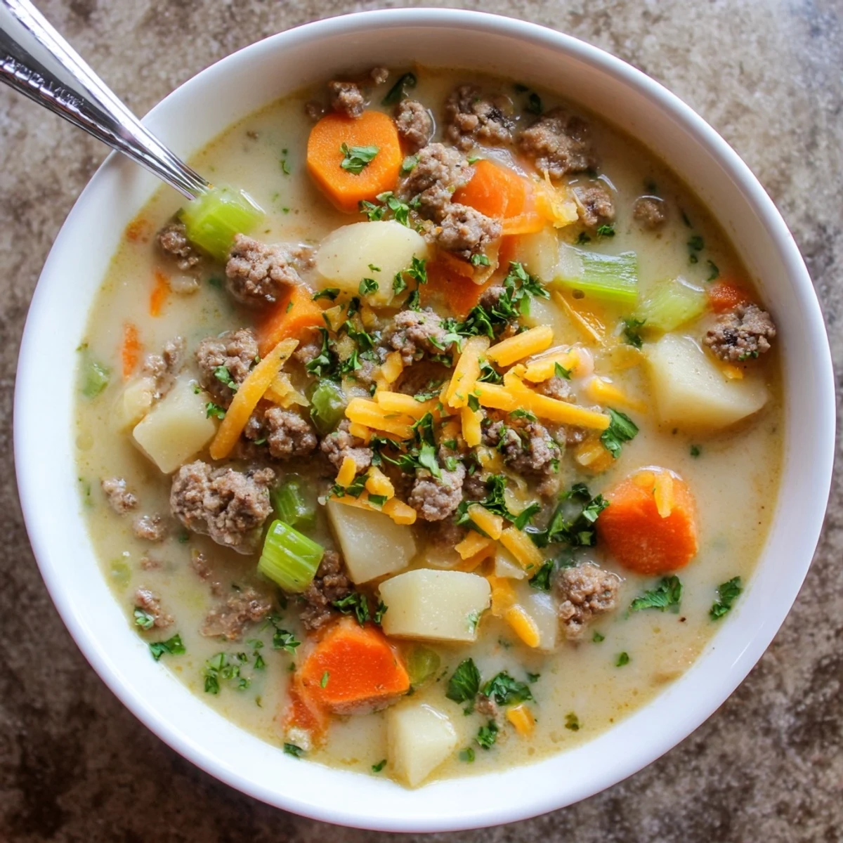 Savory pork sausage potato soup ladled into a bowl alongside crusty bread for dipping