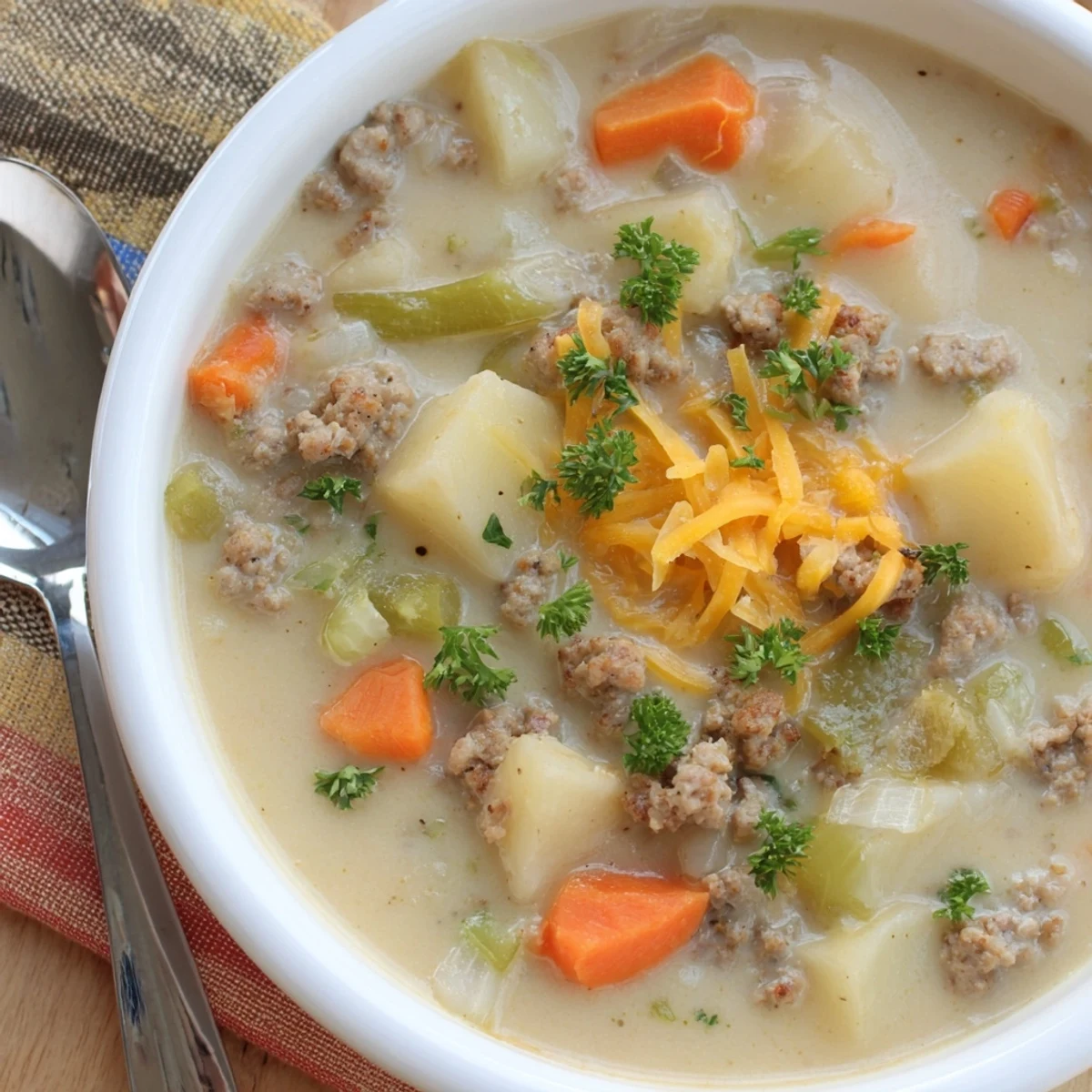 Hearty simple pork sausage potato soup simmering with tender vegetables in a rustic pot
