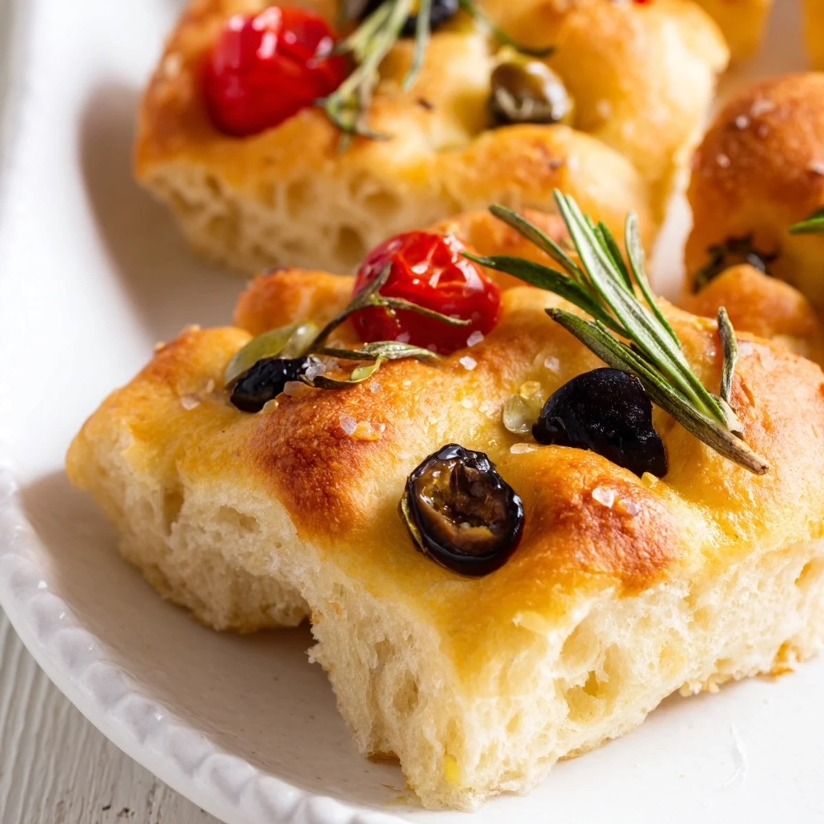 Golden brown mini focaccia topped with fresh rosemary and sea salt on a wooden board
