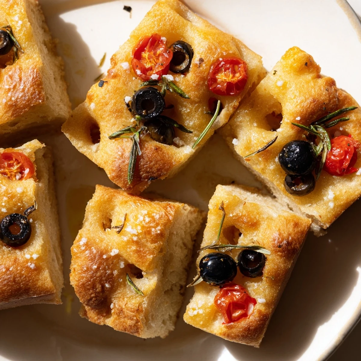Fluffy individual focaccia rolls with dimpled crust, sprinkled with herbs and ready to serve warm