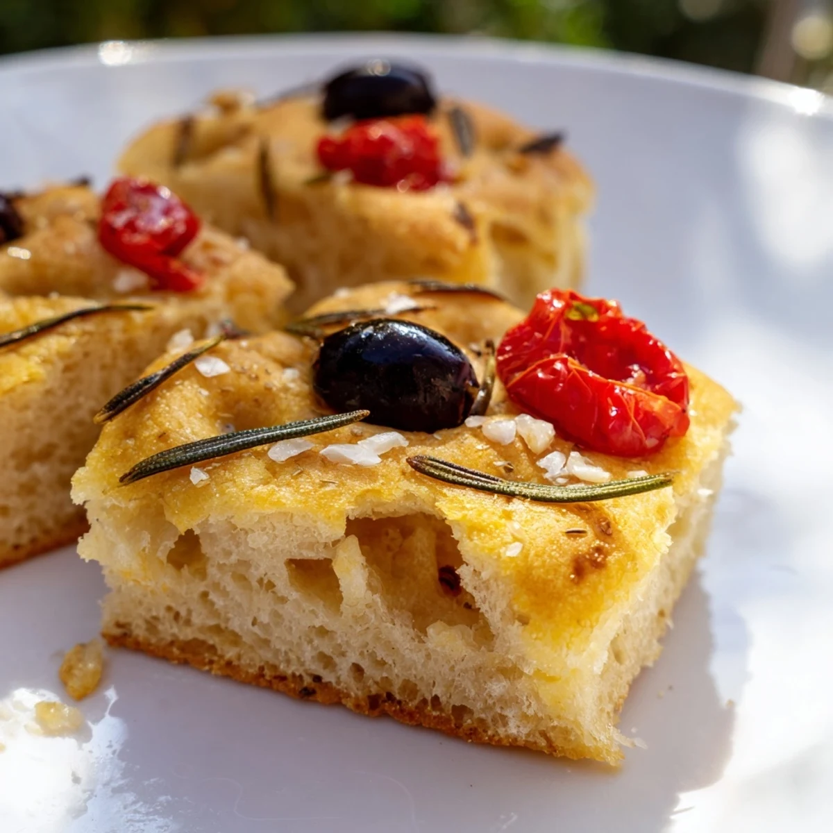 Crispy Italian appetizer bread with cherry tomatoes and olives, freshly baked and lightly oiled