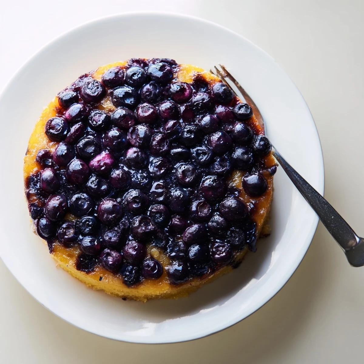 Golden blueberry upside down cake featuring caramelized fruit topping on a moist vanilla cake slice