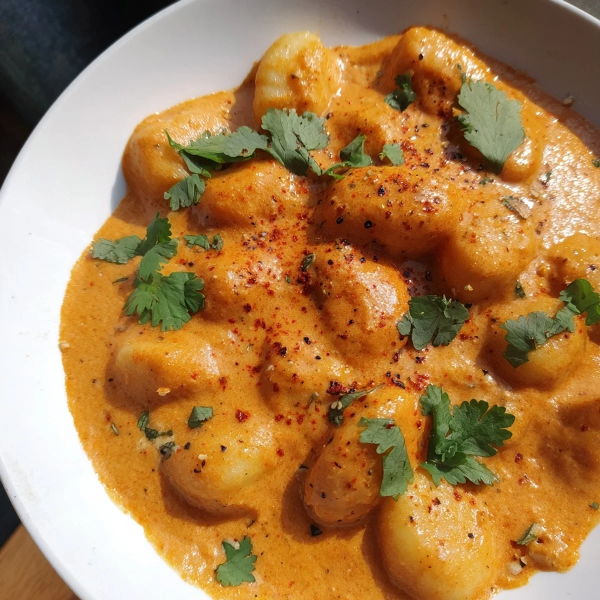 Creamy Tikka Masala Gnocchi plated with fresh cilantro garnish on white dish