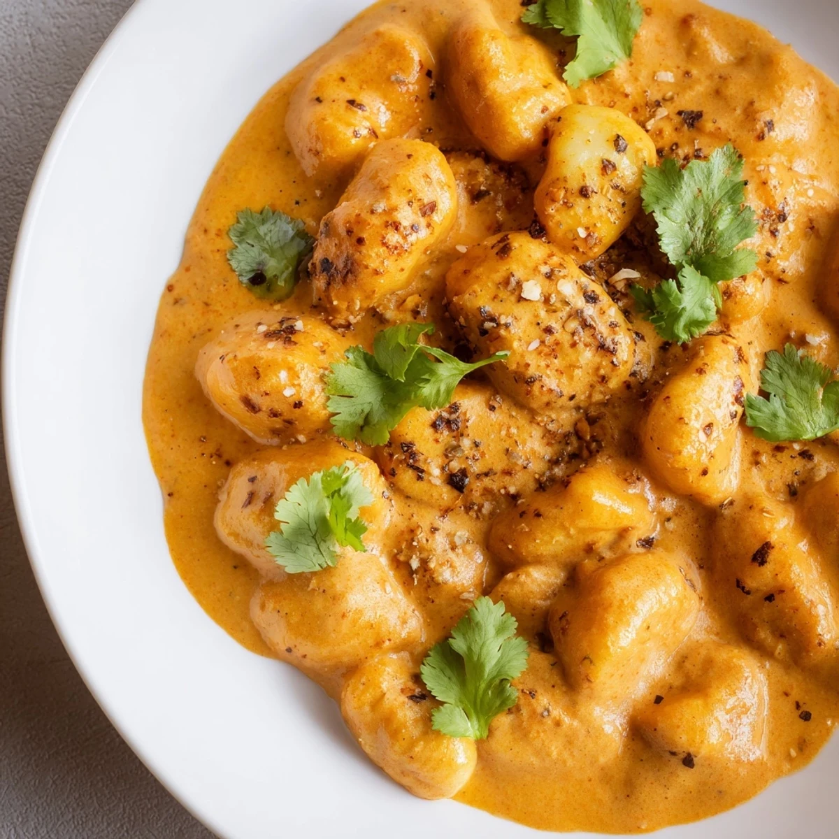 Golden potato gnocchi swimming in spiced orange tikka masala sauce with cream