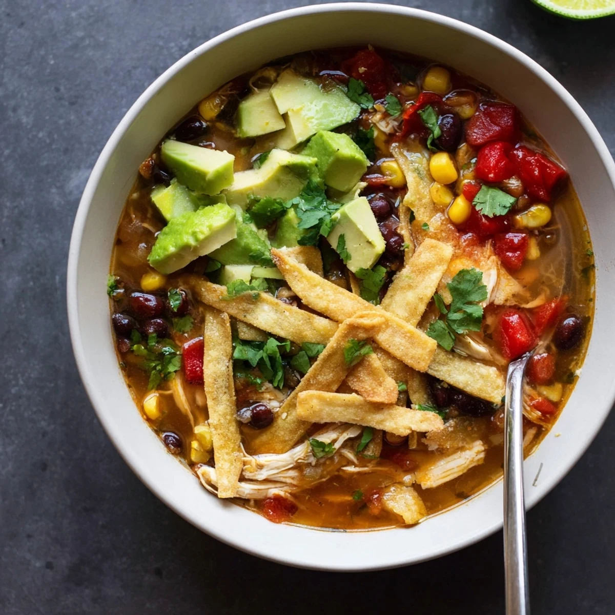 Hearty Chicken Tortilla Soup simmering with tender chicken, black beans, corn, and vibrant red peppers