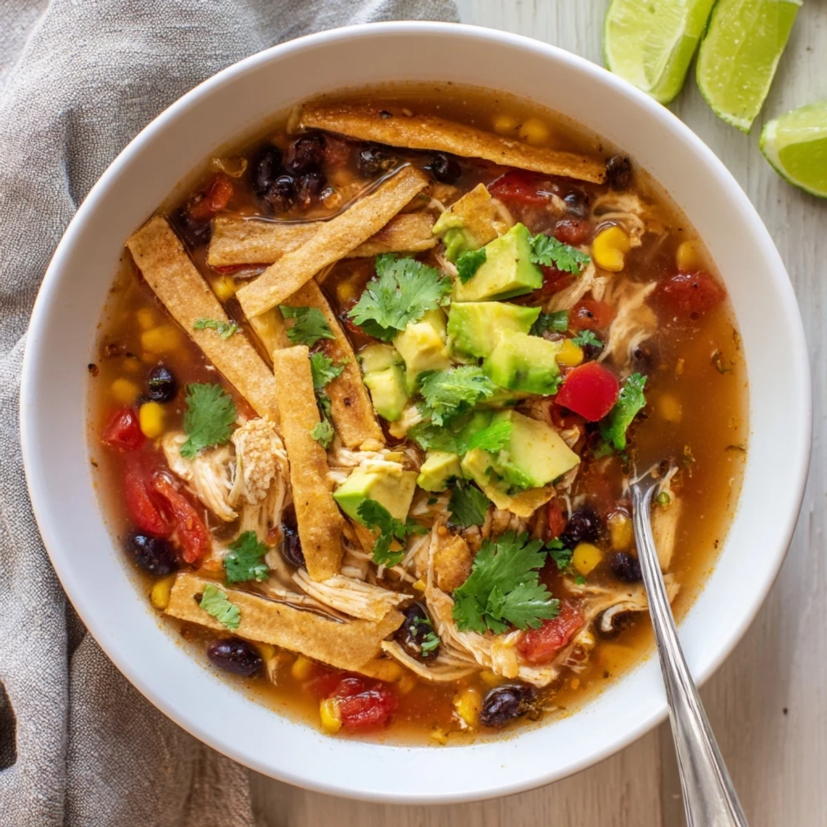 Rustic Chicken Tortilla Soup served in a white bowl with zesty lime wedge and cilantro garnish