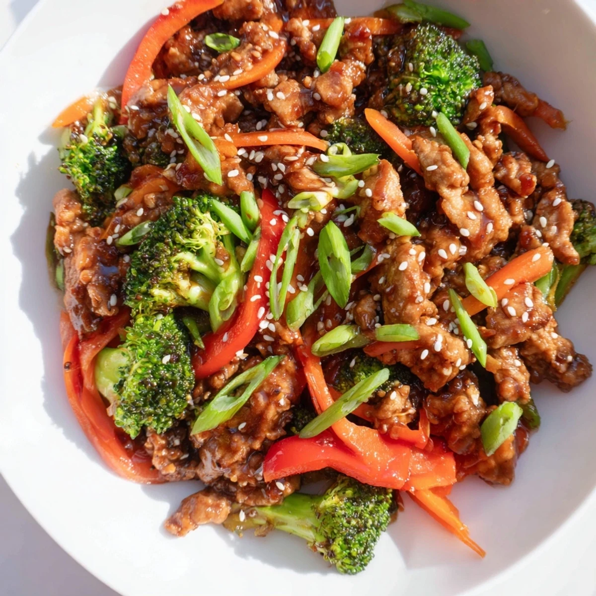 Golden brown ground turkey stir fry with vibrant broccoli florets and red pepper slices in a glossy savory sauce, plated over white rice.