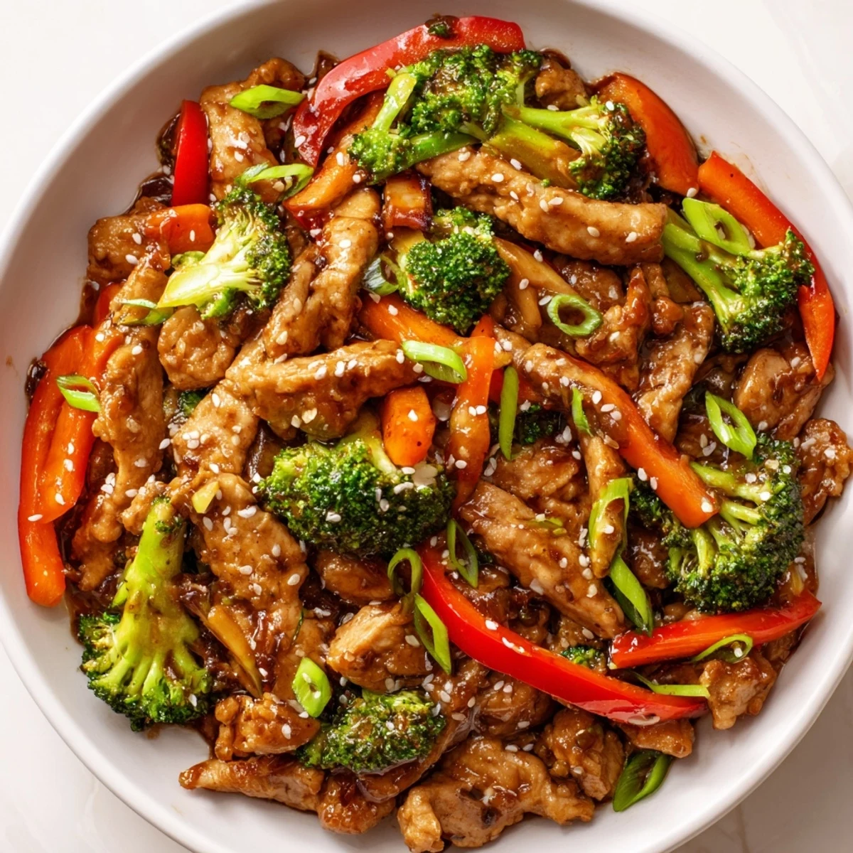 Healthy ground turkey stir fry featuring crisp tender broccoli and colorful vegetables tossed in an aromatic Asian inspired glaze.